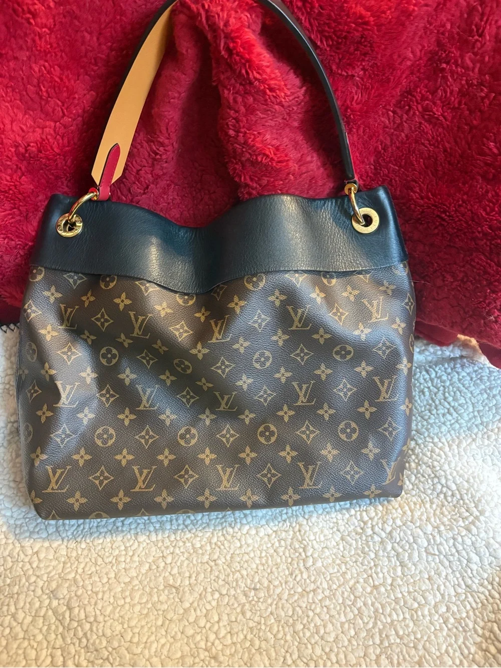 Louis Vuitton Monogram Canvas Shoulder Bag with Black Trim and Gold Hardware